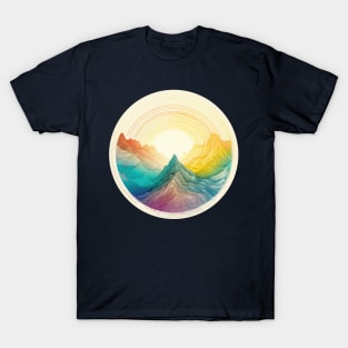 Colorful Mountain Sunrise Line Art T-Shirt